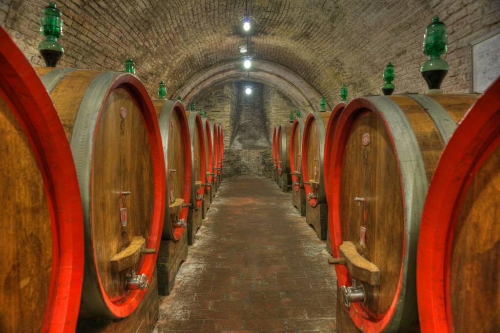 Foudres de chêne évoquant un vin de garde à offrir à un amateur de vin